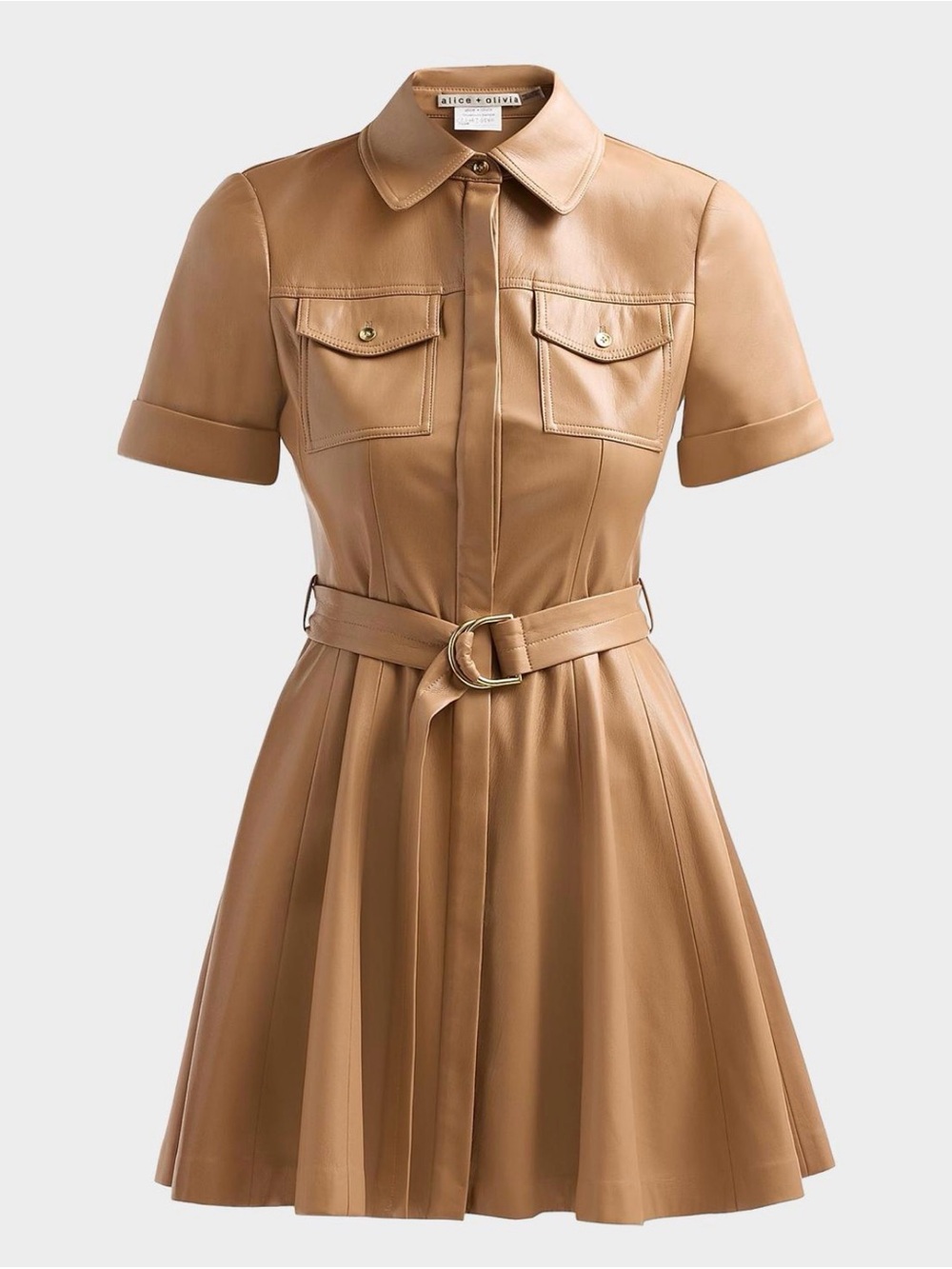 Alice + Olivia Lucy Faux Leather Mini Shirtdress- Tan